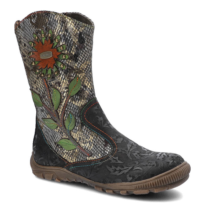 Kozaki damskie Laura Vita, dekoracyjna cholewka z tłoczonej skóry artystyczny kwiatowy wzórpłaska podeszwa, czarne, Ivcriao-12-SO3092-T-12