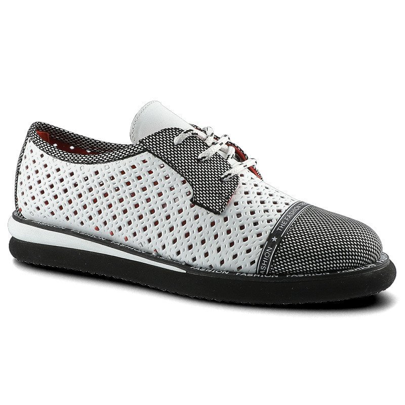 Półbuty damskie Lanqier, wykonane z materiału o otwartej ażurowej strukturze z kontrastowymi wzmocnieniami z klasycznym sznurowaniem, białe, 46C2339