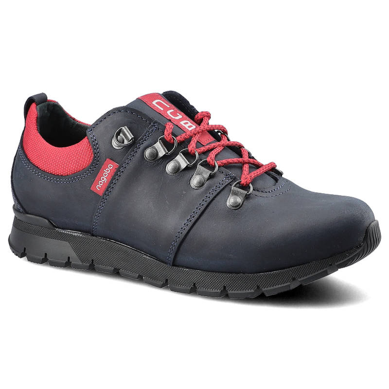 Półbuty damskie Nagaba, z nubuku z czerwonymi wstawkami i sznurowadłami metalowymi hakami oraz czarną masywną podeszwą, granatowe, 70