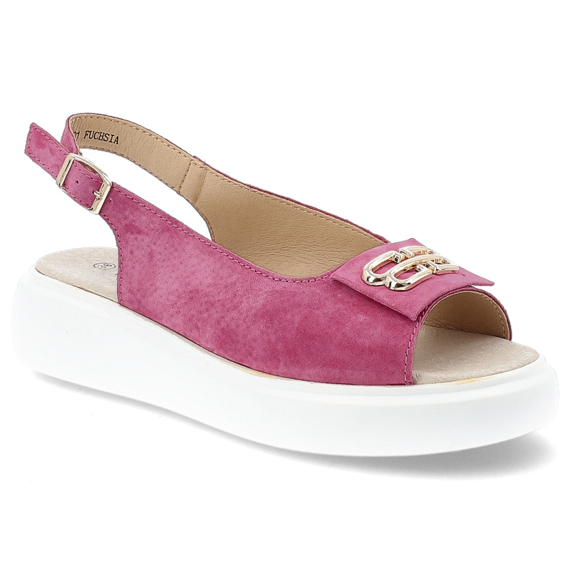 Sandały damskie S. Barski, ze skóry naturalnej zamszowej na platformie z ozdobą, fuksja, GR51-601