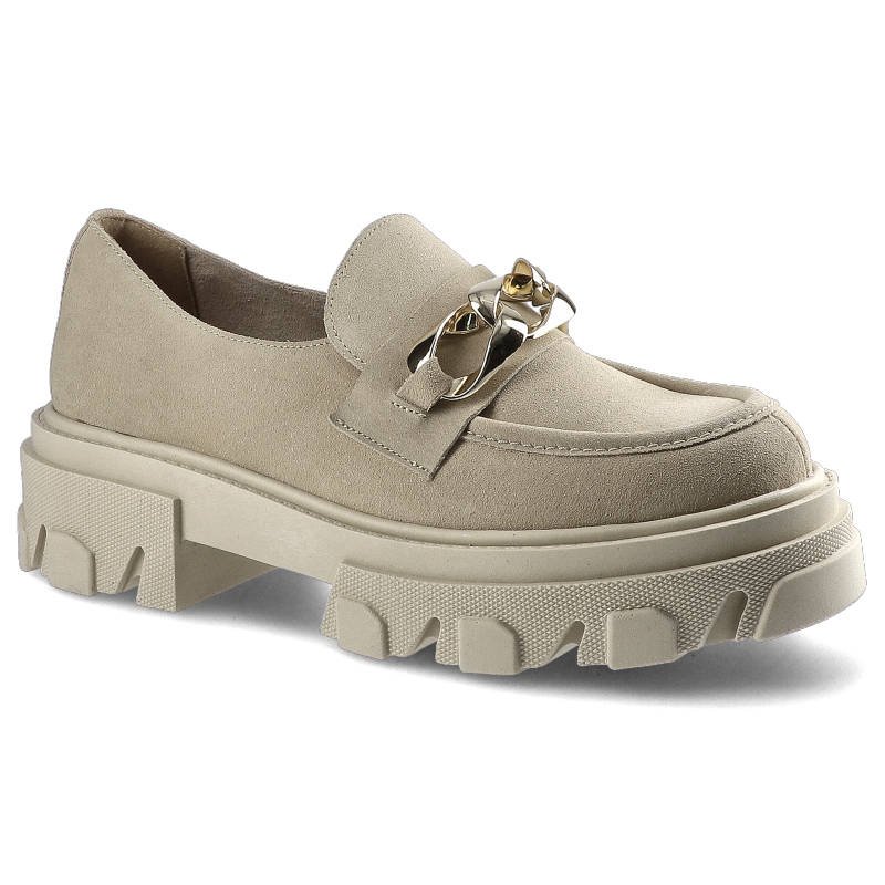 Półbuty damskie Lemar, wsuwany fason typu mokasyny cholewka ze skóry zamszowej masywna platforma z wyraźnym bieżnikiem zaokrąglony nosek dekoracyjny