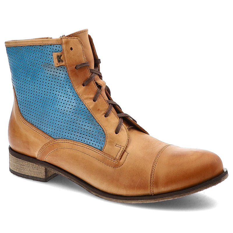 Botki damskie Karino, sznurowane i ze skóry naturalnej licowej, rudo-niebieskie, 754-055-P