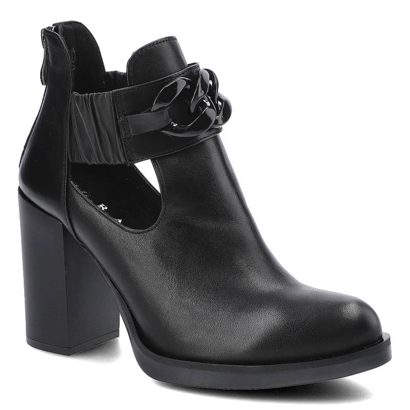 Botki damskie Grace, skóra licowa ze ściągaczem na kostce wysokin słupkiem i metalową ozdobą w kolorze buta, czarne, 10221