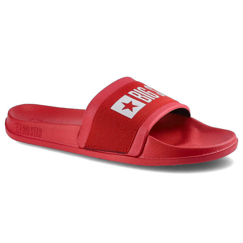 Klapki damskie Big Star, wodoobporne tworzywo płaskiej profilowanej podeszwy z szerokim paskiem na śródstopiu z dużym nadrukowanym logo, czerwone, HH