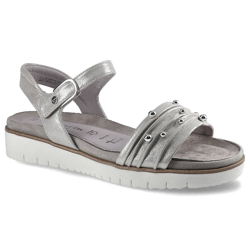 Sandały damskie Tamaris, z naturalnej skóry z regulowanym paskiem na sprzączce oraz lekką podeszwą z wyraźnymi nacięciami, srebrne, 1-28141-22-941