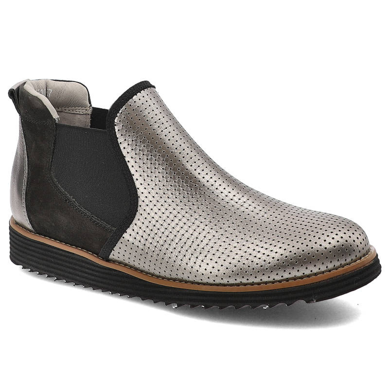 Botki damskie Karino, skóra naturalna z gumkami i wsuwane i na płaskiej podeszwie, czarno-srebrne, 1710-115-P