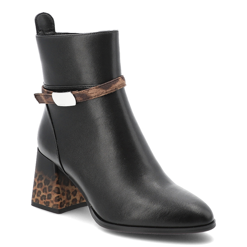 Botki damskie Artiker, na obcasie w panterkę z noskiem w szpic i skórzane zapinane na zamek, czarne, 57C1079