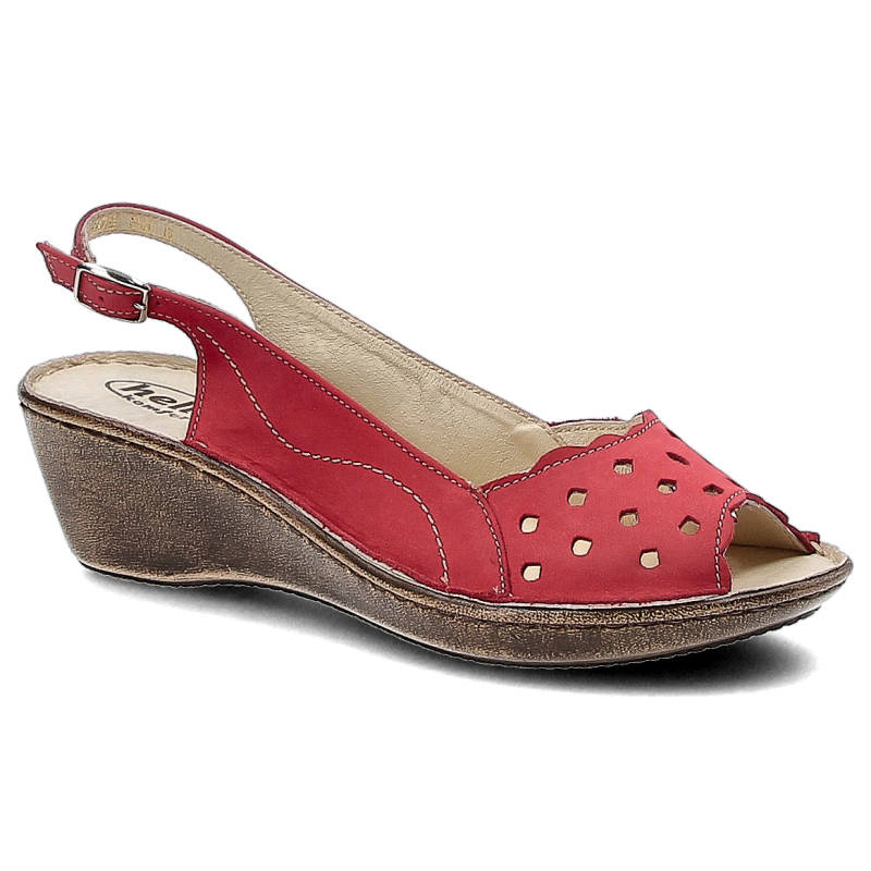 Sandały damskie Helios, skórzane ażurowe i zapinane sprzączką, czerwone, 605