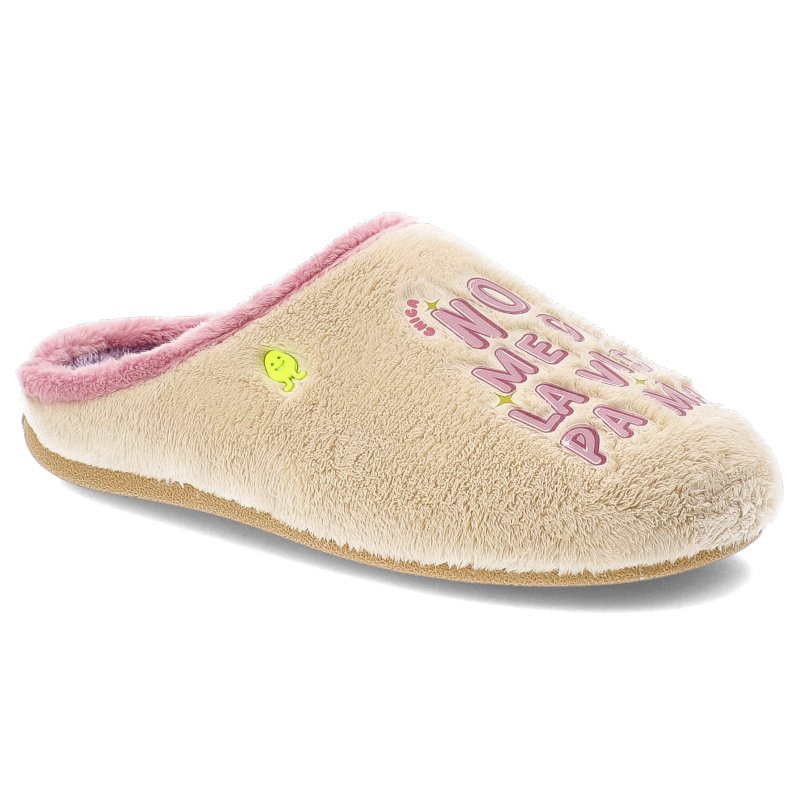 Kapcie damskie Gioseppo Hot Potatoes, pantofle na płaskiej podeszwie z ozdobnymi napisami ocieplane, beżowe, Scanlon-76959