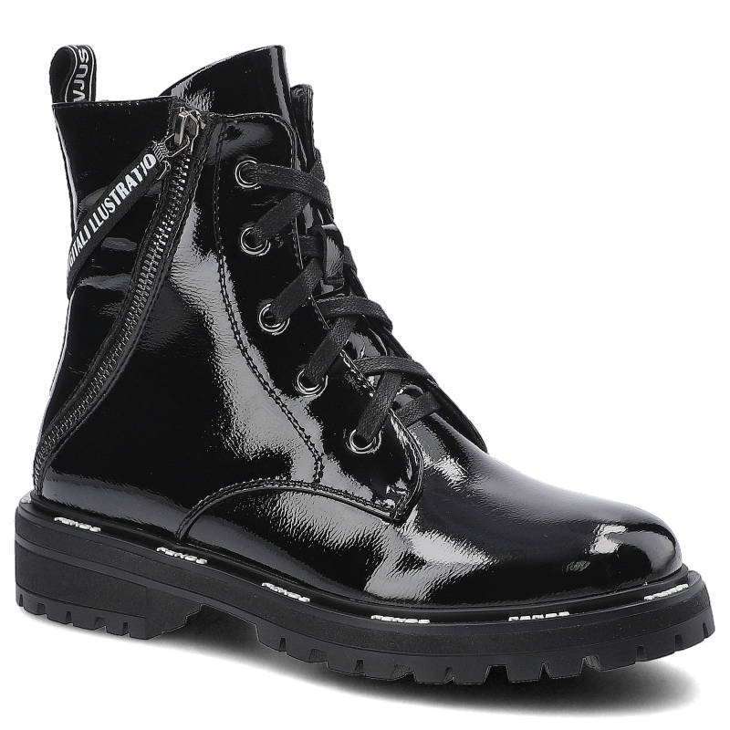 Botki damskie Artiker, naturalna skóra licowa o lakierowanym wykończeniu ze sznurowaniem bocznym zamkiem oraz masywną podeszwą, czarne, 49C0319