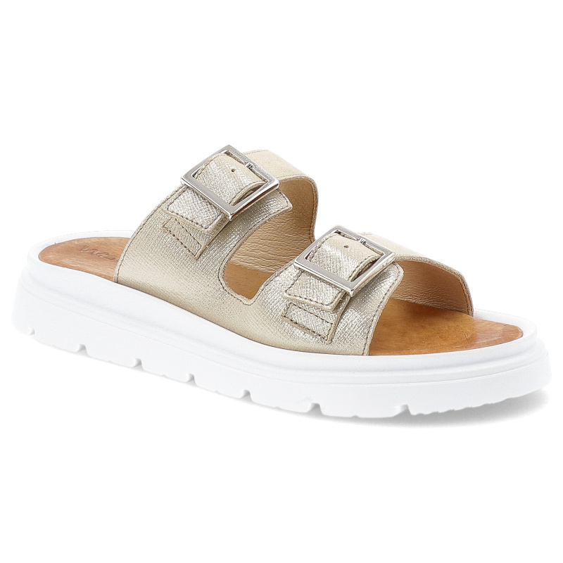 Klapki damskie Wasak, ze skóry naturalnej na platformie z klamrami w klasycznym stylu, złote Prada, 756