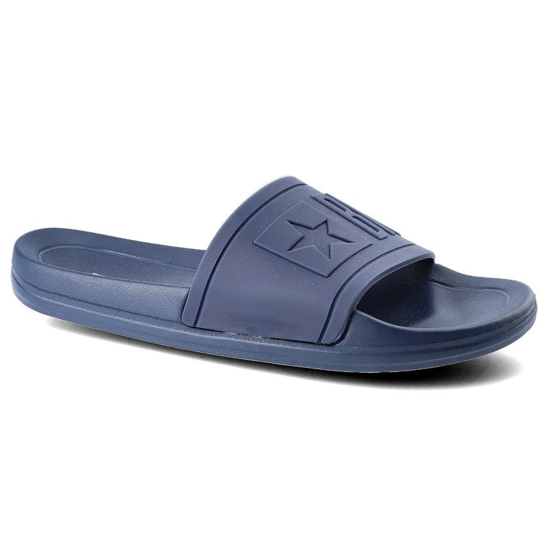 Klapki damskie Big Star, wykonane z lekkiego materiału syntetycznego z szerokim paskiem na przodzie oraz profilowaną płaską podeszwą, granatowe, DD17