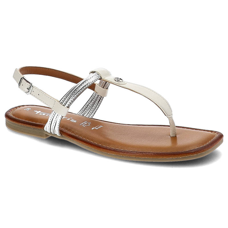 Sandały damskie Tamaris, cienkie paski o gładkim wykończeniu regulowane zapięcie na pięcie płaska elastyczna podeszwa, biało-srebrne, 1-28133-28-171