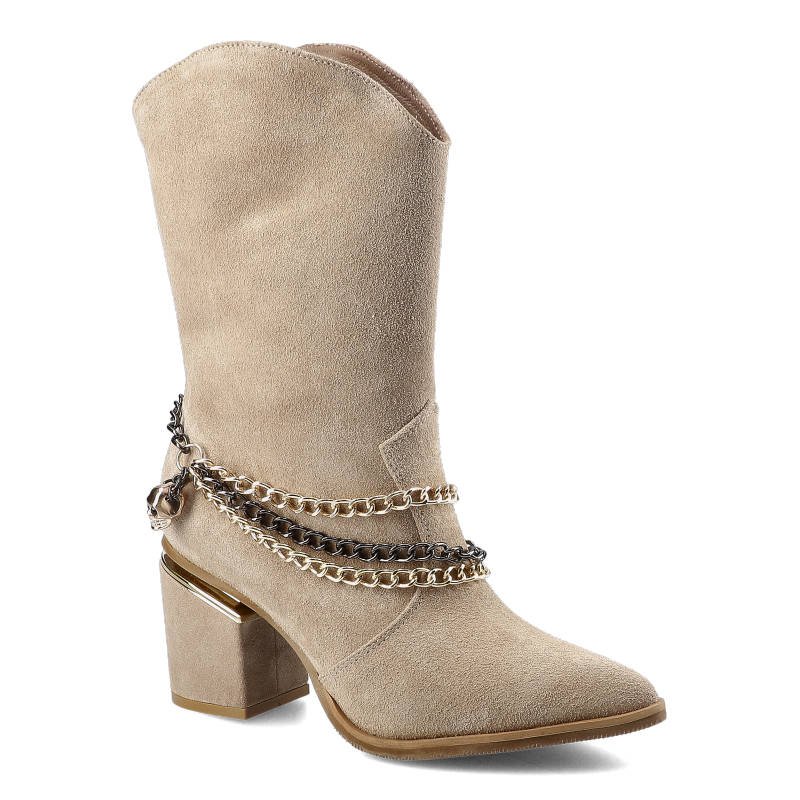 Botki damskie Carinii, naturalna skóra zamszowa z wysoką cholewką i ozdobnymi łańcuchami na średniej wysokości słupku, beżowe, B7174_-O17-000-000-E03