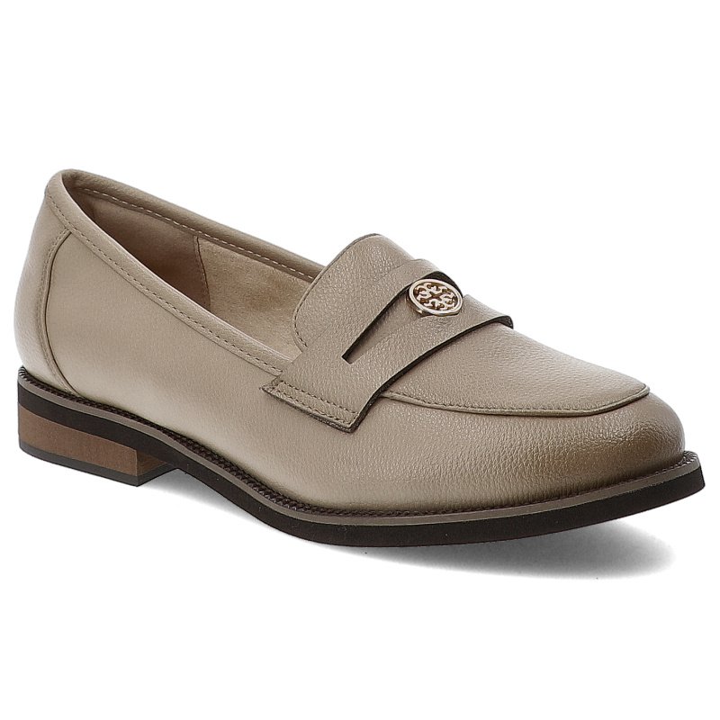 Mokasyny damskie Cambell, ze skóry licowej na płaskim obcasie z ozdobą i wsuwane, beżowe, 25-19301BG