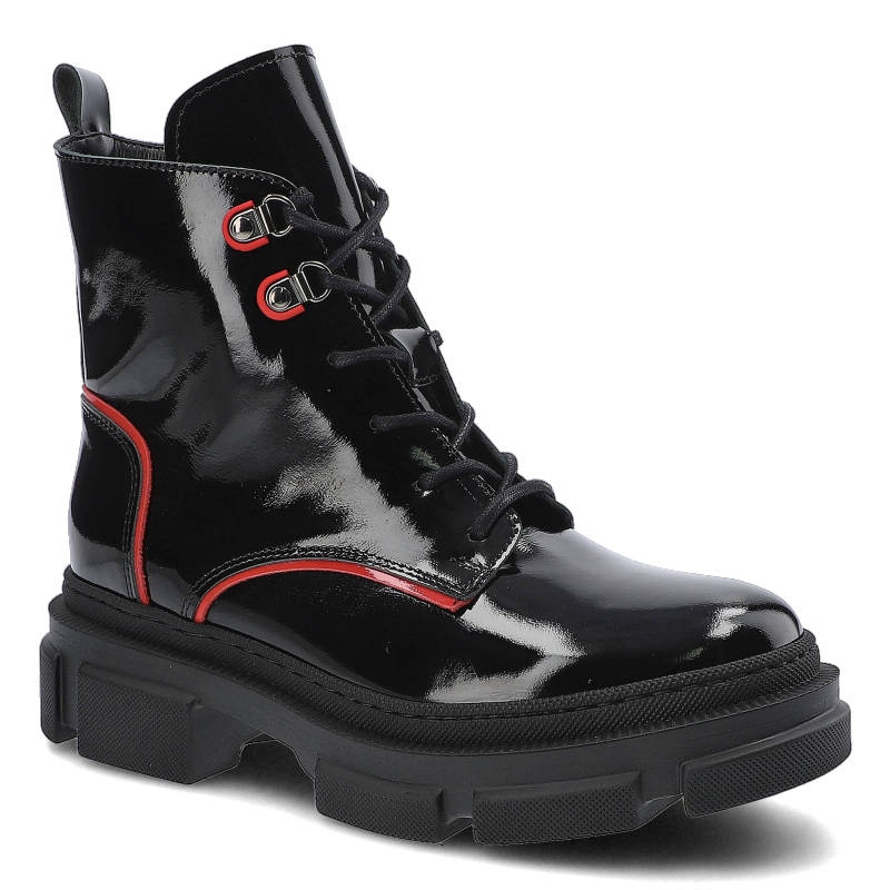 Botki damskie Chebello, cholewka z naturalnej skóry lakierowanej sznurowane z metalowymi przelotkami usztywniony nosek i zapiętek masywna podeszwa z