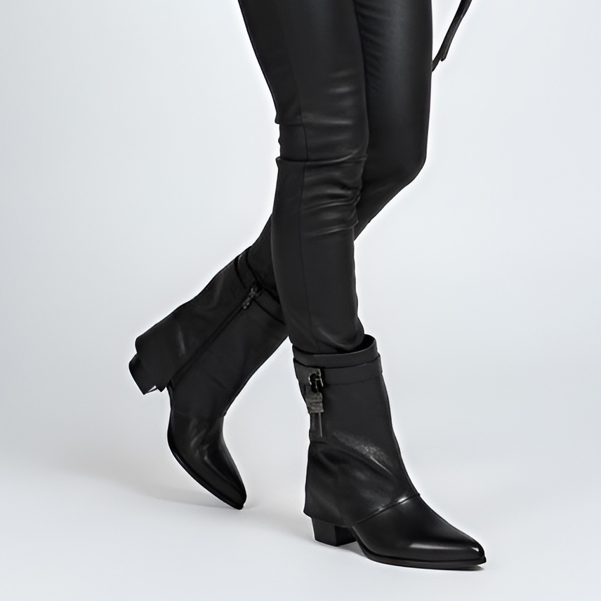 Botki damskie Armodo, na klocku zapinane na zamek ze skóry licowej, czarne, 60567-V