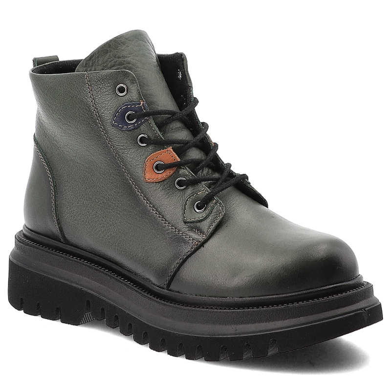 Botki damskie Artiker, za kostkę skórzane na płaskim obcasie z okrągłym noskiem i na zamek, zielone, 57C2194