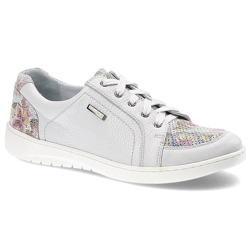 Półbuty damskie Pollonus, sznurowane z miękkiej skóry z dekoracyjnymi wstawkami o fakturze wzoru, białe w kwiaty, 5-1163-006