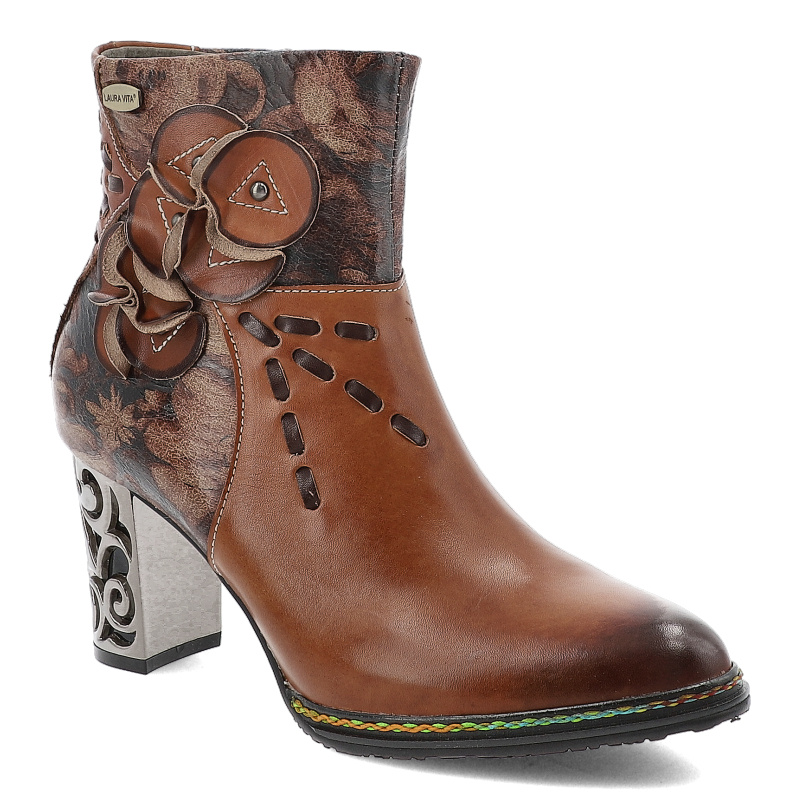 Botki damskie Laura Vita, skórzane bogato zdobione na słupku z noskiem w szpic i na zamek, camel, Ledao-43