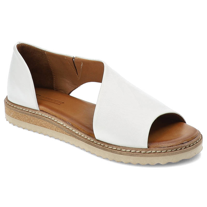 Sandały damskie Artiker, naturalna skóra licowa z szerokimi paskami obejmującymi stopę oraz płaską podeszwą z dekoracyjnym obszyciem, białe, 46C1014