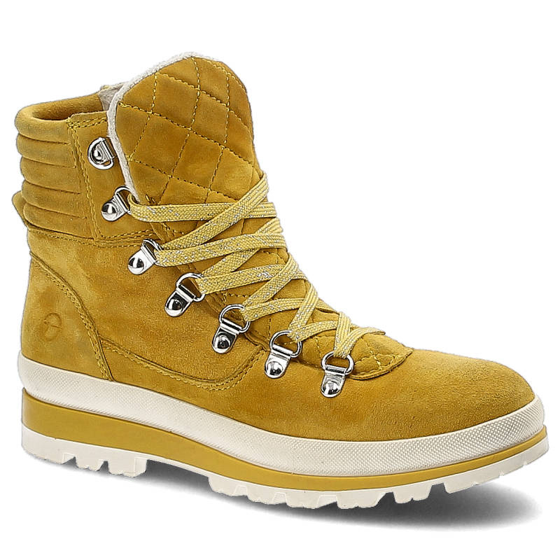 Botki damskie Tamaris, z naturalnej skóry zamszowej z pikowanym kołnierzem i sznurowaniem na metalowych haczykach oraz solidną, żółte Saffron, 1-2580