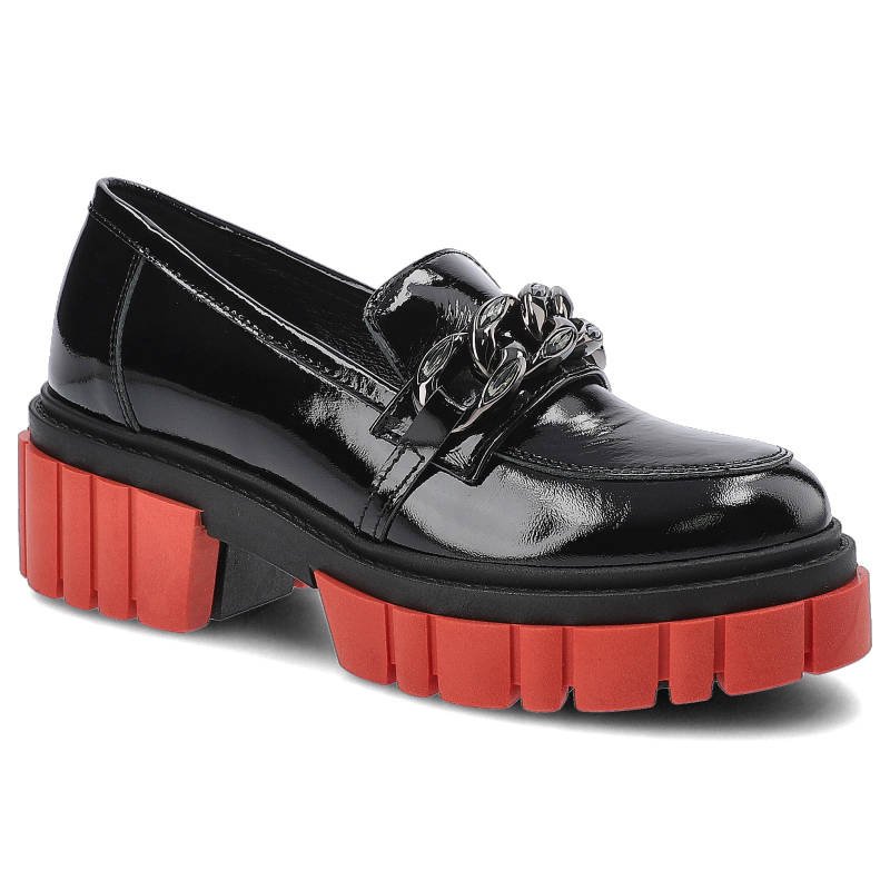 Półbuty damskie Chebello, skóra naturalna lakierowana z gładką cholewką ozdobnym metalowym łańcuchem, czarne, 2789-SCZ-240-PSK-S170