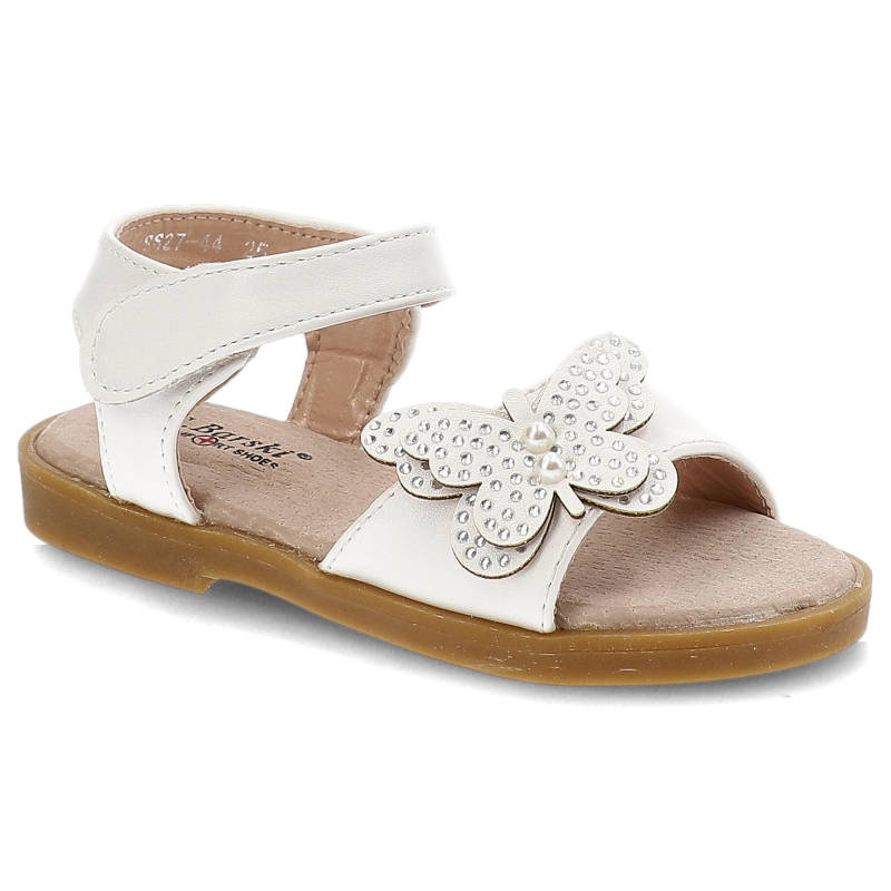 Sandały damskie S‑Barski, cholewka ze skóry ekologicznej z zapięciem na rzep i marszczoną aplikacją miękka wkładka oraz cienka płaska podeszwa, białe