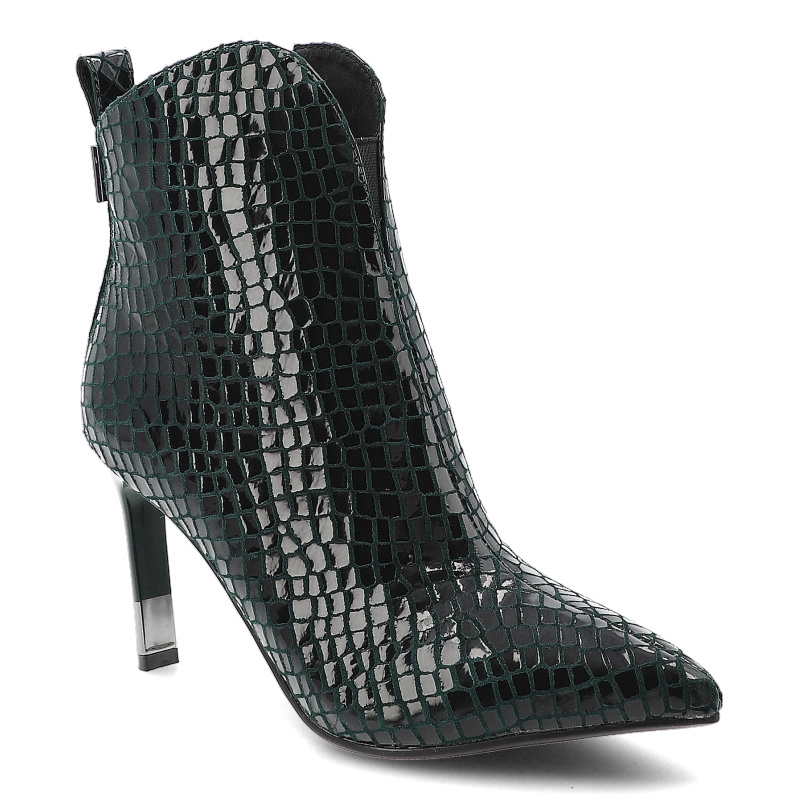 Botki damskie S. Barski, eleganckie skórzane we wzorki i na szpilce z noskiem w szpic, zielone, CR52-705