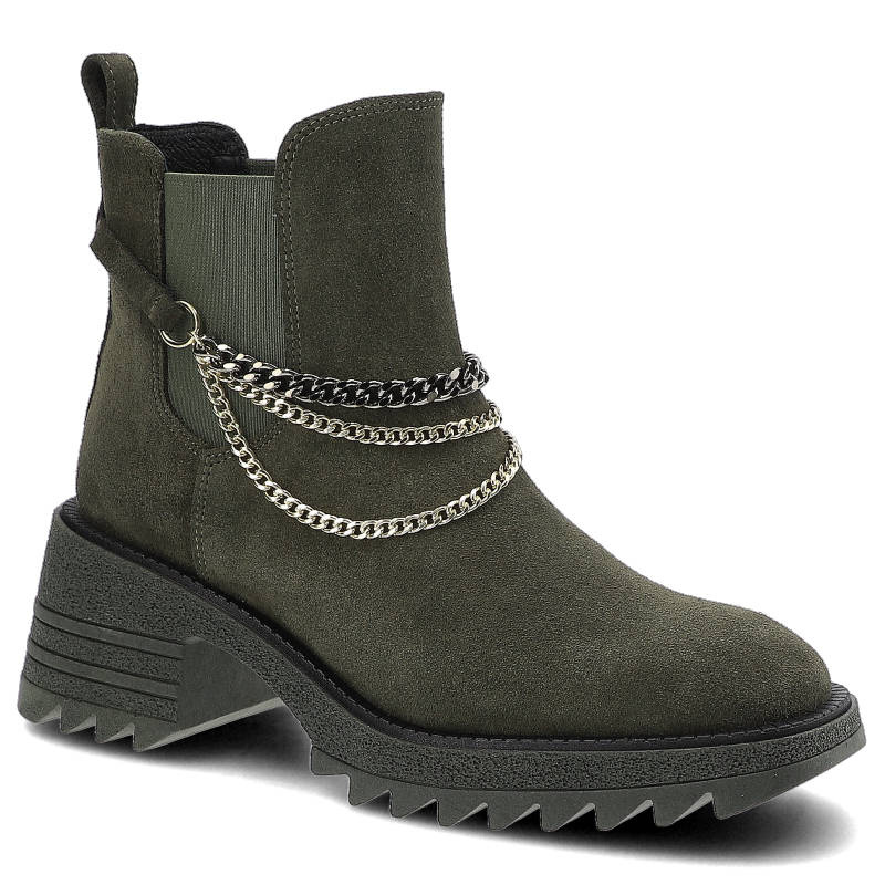 Botki damskie Karino, cholewka ze skóry naturalnej zamszowej wsuwana konstrukcja z elastyczną wstawką ozdobne łańcuchy masywna podeszwa z wyraźnym bi