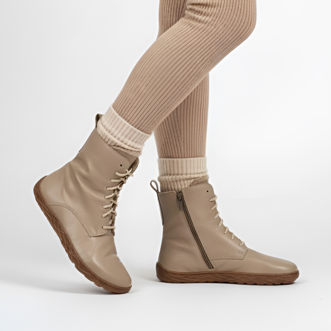 Trzewiki damskie Barefoot Wasak, botki na płaskiej podeszwie ocieplane futerkiem w środku, latte, 778