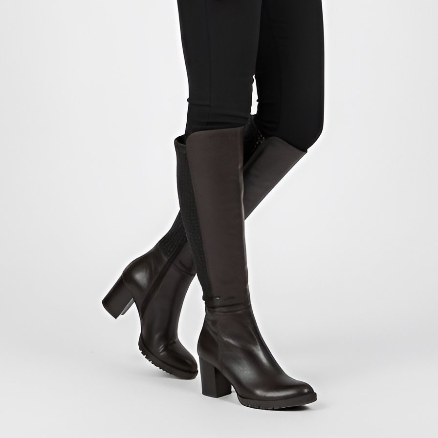 Kozaki damskie Grace, wysoka smukła cholewka ze skóry licowej z elastycznym ściągaczem i wysokim stabilnym obcasem, brązowe, 05110-2-231-T-93-3