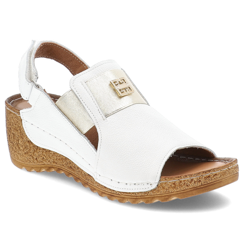 Sandały damskie Armodo, ze skóry na koturnie z ozdobą z gumką na rzepy, biało-złote, 50110-V