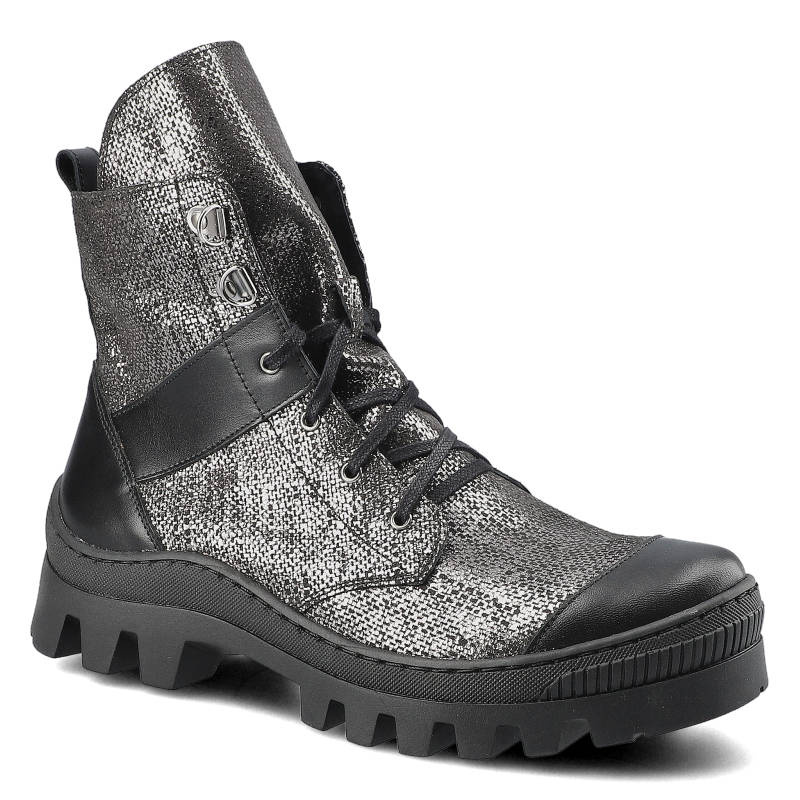 Botki damskie Damiss, skóra zamszowa z metalicznym wykończeniem w połączeniu z naturalną skórą licową z klasycznym sznurowaniem metalowymi przelotkam