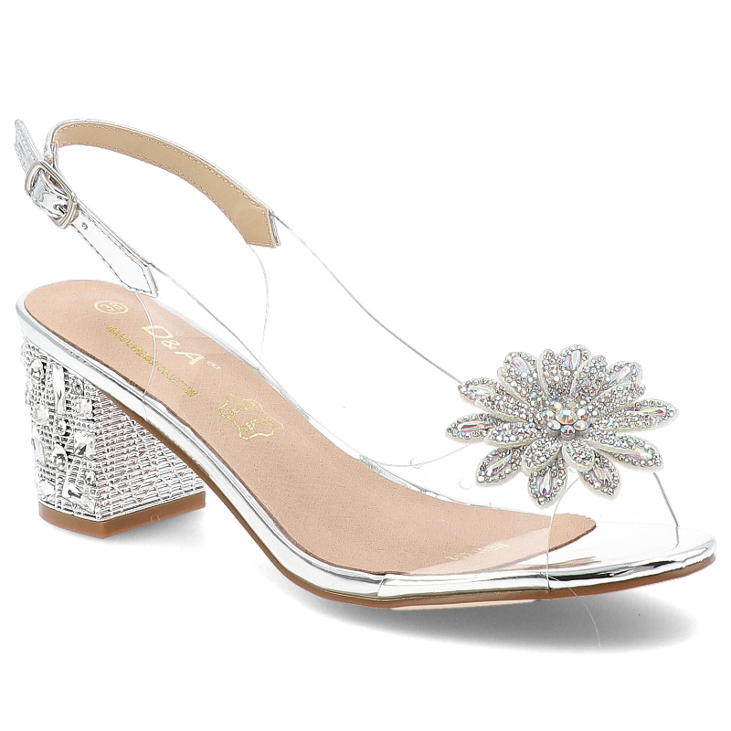 Sandały damskie S. Barski, transparentne z ozdobnym kwiatem na obcasie i ze sprzączką, srebrne, MR51-002