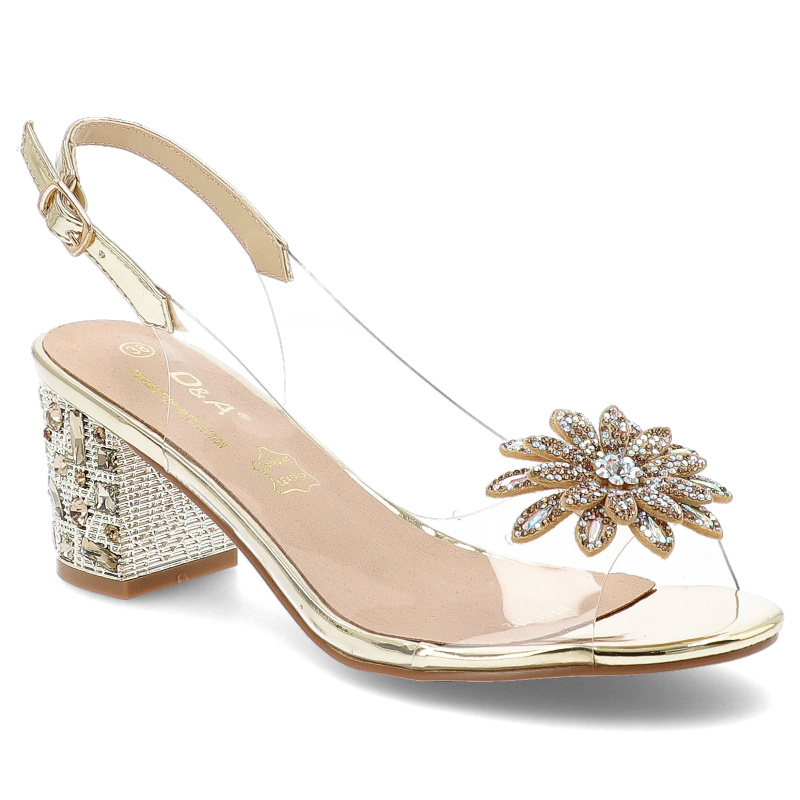 Sandały damskie S. Barski, na zdobionym obcasie z kwiatem transparentne i na sprzączkę, złote, MR51-002
