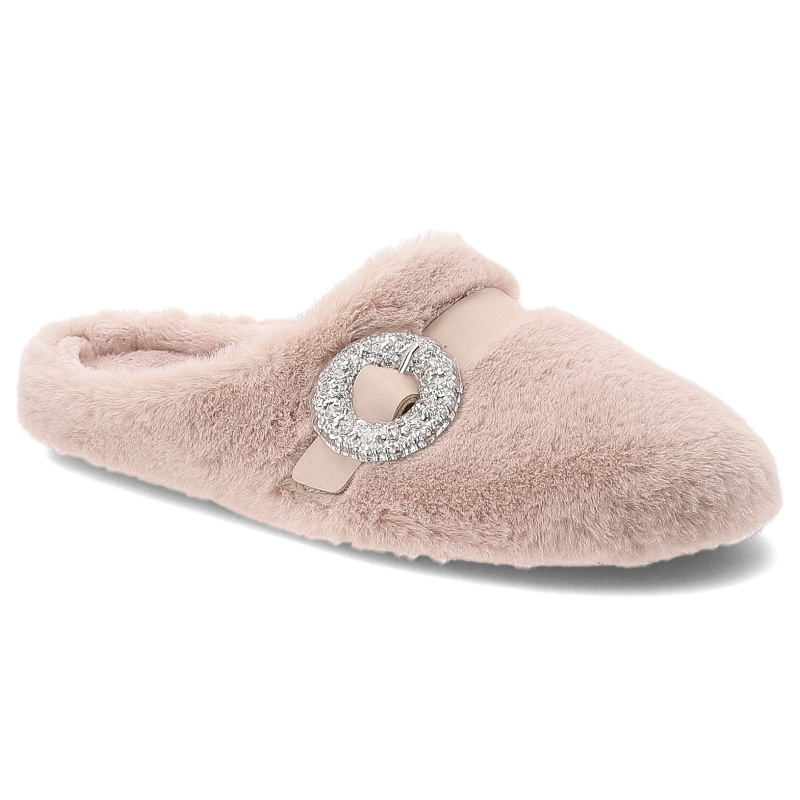 Kapcie damskie Macarena, pantofle domowe z futerkiem z broszką płaskie z odkrytą piętą, różowe, Anais25