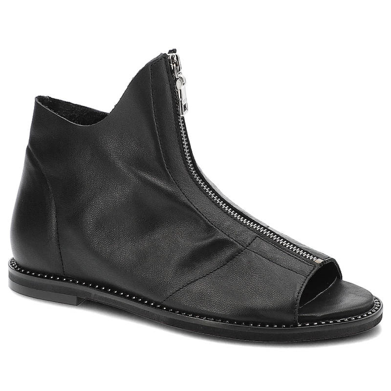 Sandały damskie Lamanti, naturalna skóra licowa otwarty nosek z zamkiem na przodzie niska płaska podeszwa, czarny, 977-1