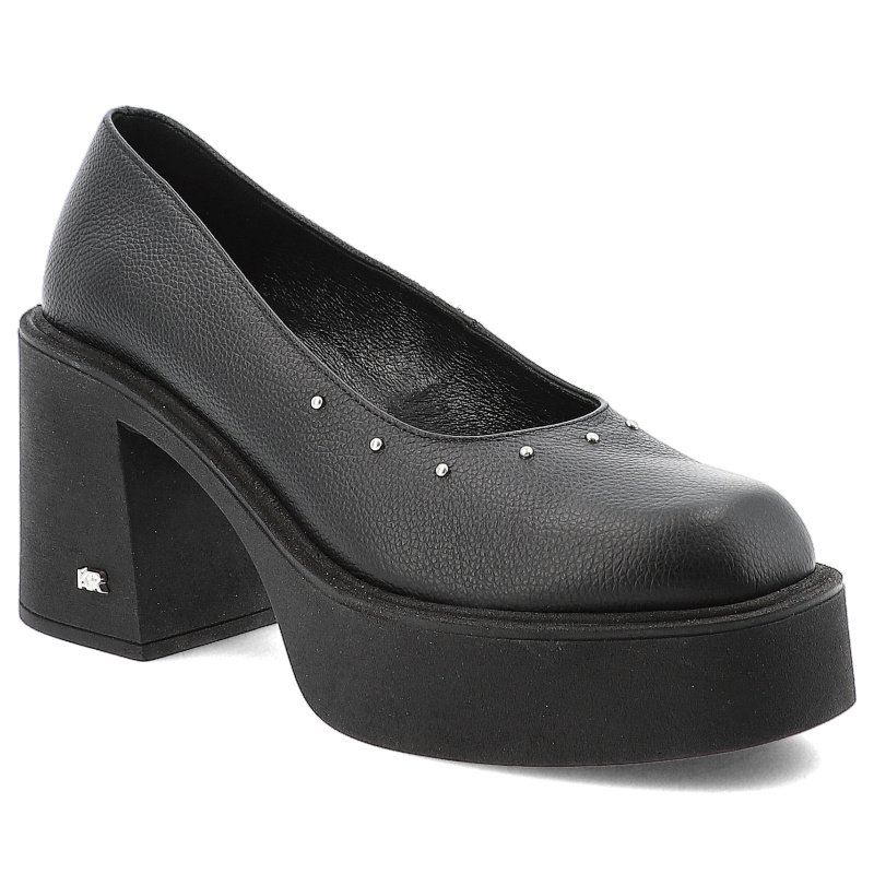 Półbuty damskie Karino, na wysokim klocku eleganckie skórzane z dżetami wsuwane z okrągłym noskiem, czarne licowe, 5648-126-P