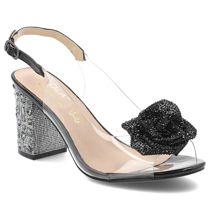 Sandały damskie S. Barski, na wysokim obcasie z ozdobą eleganckie ze sprzączką transparentne, czarne, MR51-702