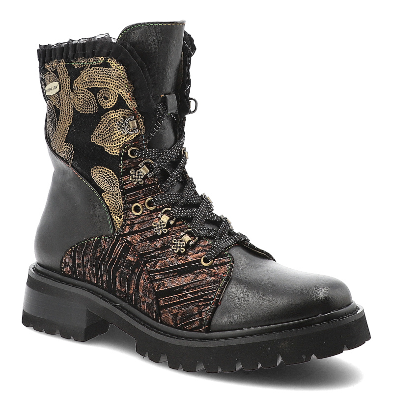 Botki damskie Laura Vita, skórzane trzewiki na płaskim obcasie z ozdobami i falbanką na zamek, czarne, Kouleo-16