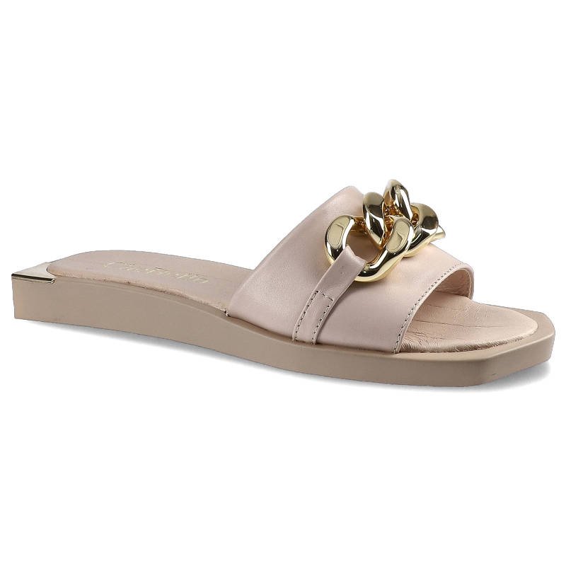 Klapki damskie Chebello, naturalna skóra licowa z szerokim paskiem ozdobionym metalowym łańcuchem oraz płaską podeszwą, beżowe, 2603-151-PSK