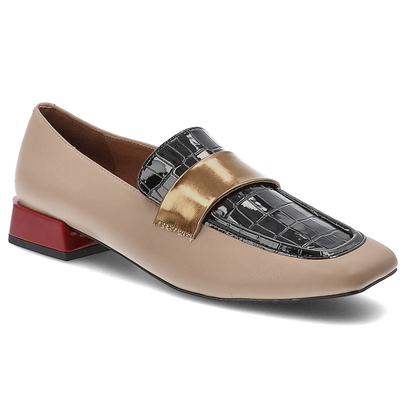 Półbuty damskie Gioseppo, wsuwane na klocku z kwadratowym noskiem we wzory, beżowe, Fridley-76048