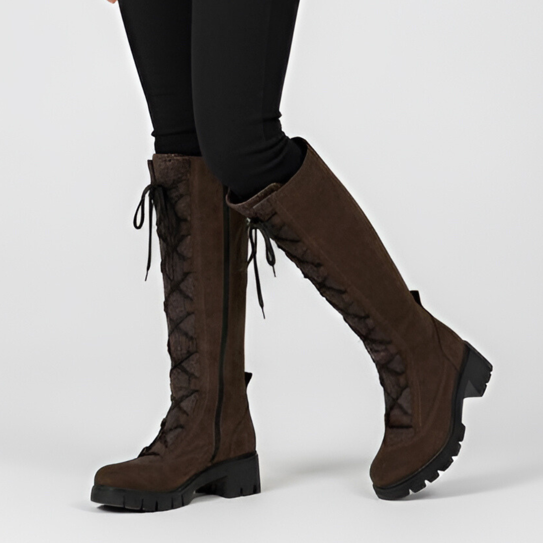 Kozaki damskie Simen, z regulowaną szerokością na klocku i zapinane na zamek, brązowe, 4271A-W