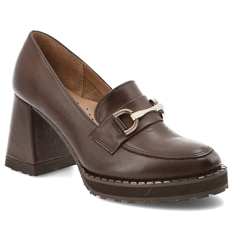 Półbuty damskie Armodo, skórzane eleganckie na słupku z ozdobią z okrągłym noskiem i wsuwane, brązowe, 1511
