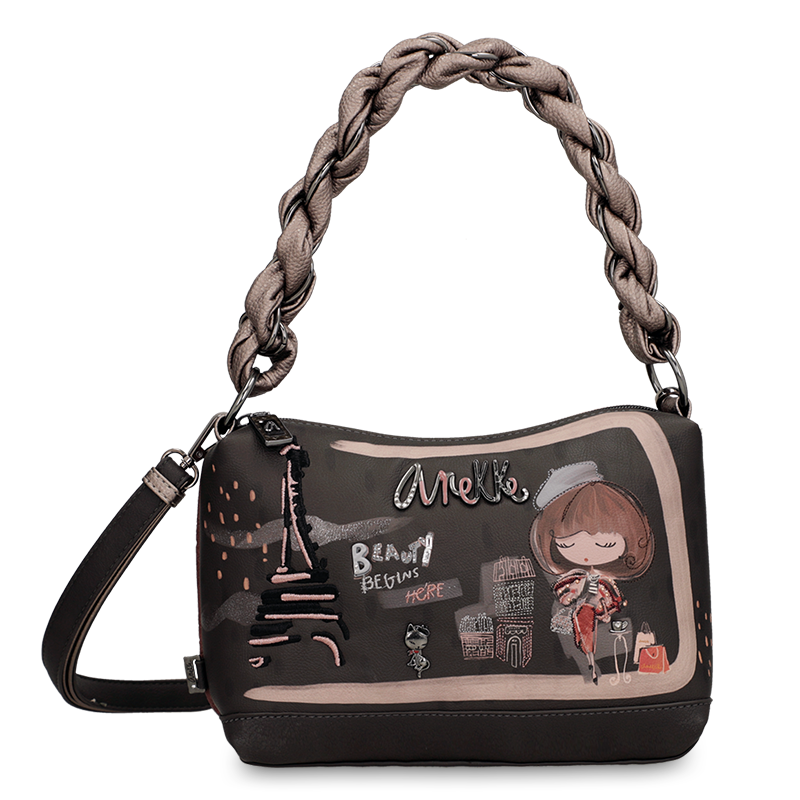 Torebka damska Anekke, mała do ręki i na ramię we wzory z 1 komorą zamykaną na zamek, brązowa, 41803-478