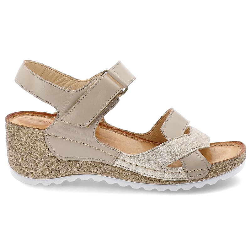 Sandały damskie Wasak, na koturnie skórzane zapinane na rzepy, beżowe mozaika, 757