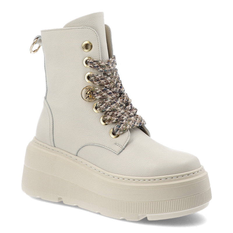 Botki damskie Karino, na grubej platformie skórzane licowe za kostkę i na zamek, beżowe, 5681-022