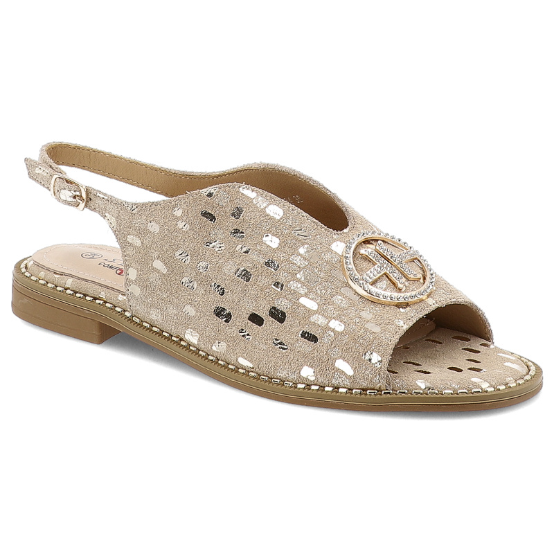 Sandały damskie S. Barski, eleganckie we wzorki skórzane na płaskim obcasie, złote, KV51-094