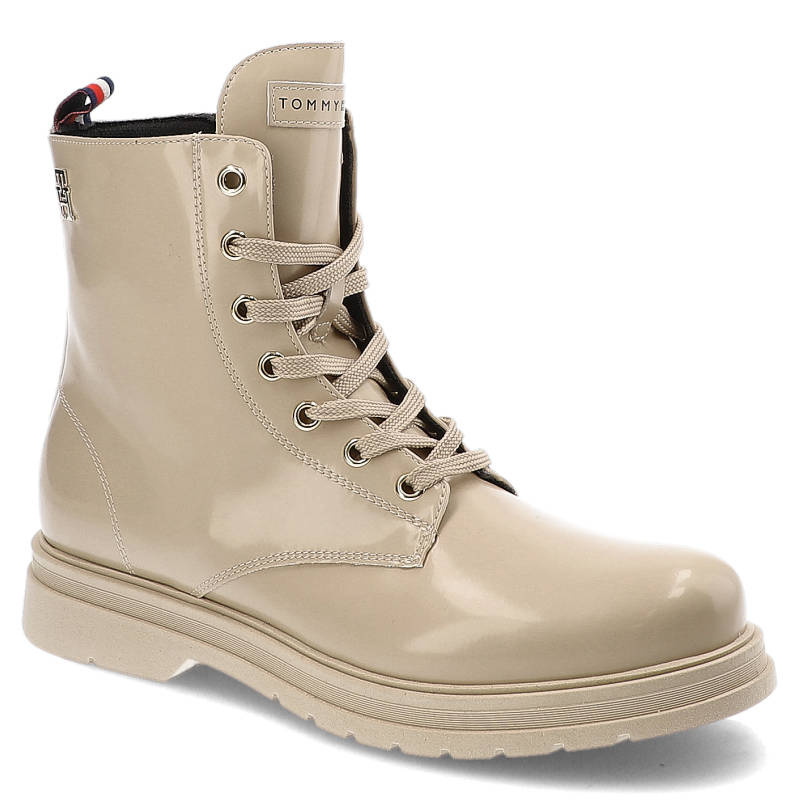 Botki damskie Tommy Hilfiger, cholewka ze skóry lakierowanej sznurowanie dodatkowy suwak masywna podeszwa z bieżnikiem, beige, T4A5-32411-1453500